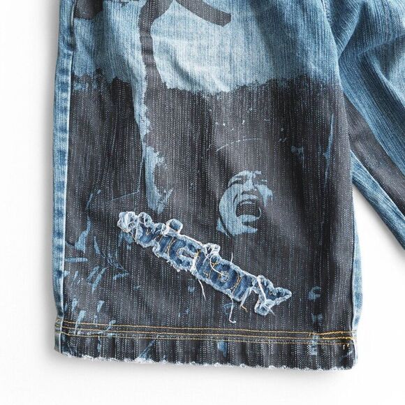 Arme Welcome to the Hood "Victory" Vintage Streetwear Denim Shorts Men's 36 RARE - Picture 4 of 12